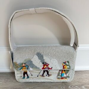NWT Embellished Festive Christmas Skiing White Beaded Shoulder Bag